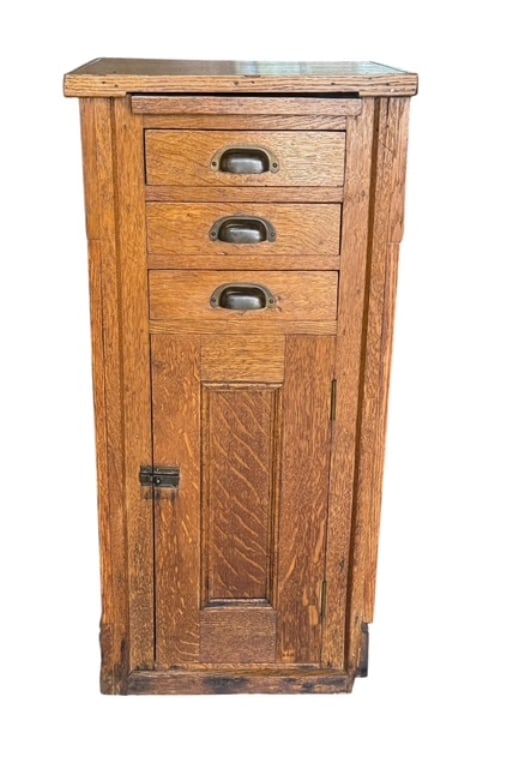 Antique Physician's Utility Pedestal Cabinet: Antique physician's utility pedestal cabinet. Point of care workstation commonly found in doctor's offices. Cabinet features top pull out tray used as a sanitary temporary workspace, 3 pull drawers,