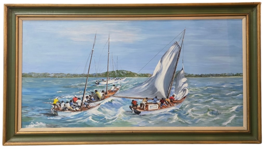Framed "Annual Out Island Regatta" Oil on Canvas: Framed "Annual Out Island Regatta" oil on canvas painting. Depicting traditional Bahamian regatta. Signed, H. Walker, 1974. Approximately 31"h x 54.5"w. Photos are considered part of the condition