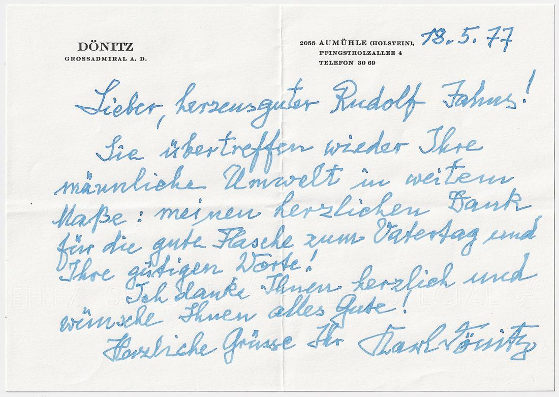 KARL DONITZ: (1891-1980) German Grand Admiral, Supreme Commander of the German Navy, briefly succeeded Adolf Hitler as the German head of state in 1945. A.L.S. signed in full: 'Karl Donitz' on his personal letterh