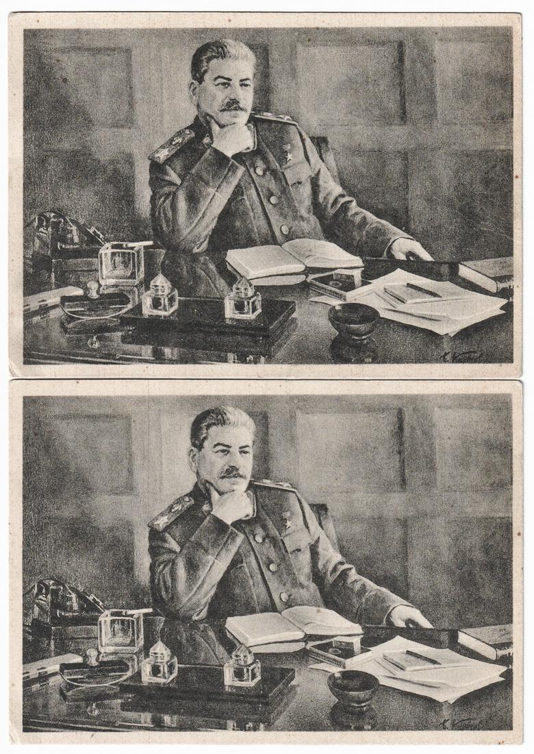 JOSEPH STALIN POSTCARD (2): (1878 - 1953) Soviet Dictator, General Secretary of the Communist Party of the Soviet Union 1922-53, Premier of the Soviet Union 1941-53. Two Italian postcards showing Stalin sitting at his desk, both