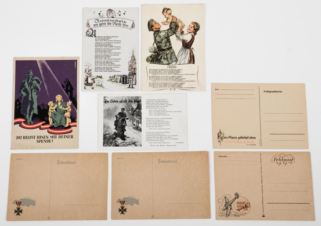 WWII GERMAN PROPAGANDA POSTCARD (ANTI-SEMITIC): Lot of eight (8) unused postcards, consisting of four German WWII propaganda postcards and four Feldpost postcards, approx. 6 x 4 in. One song postcard titled 'The Wind is whistling in the East' (Im O