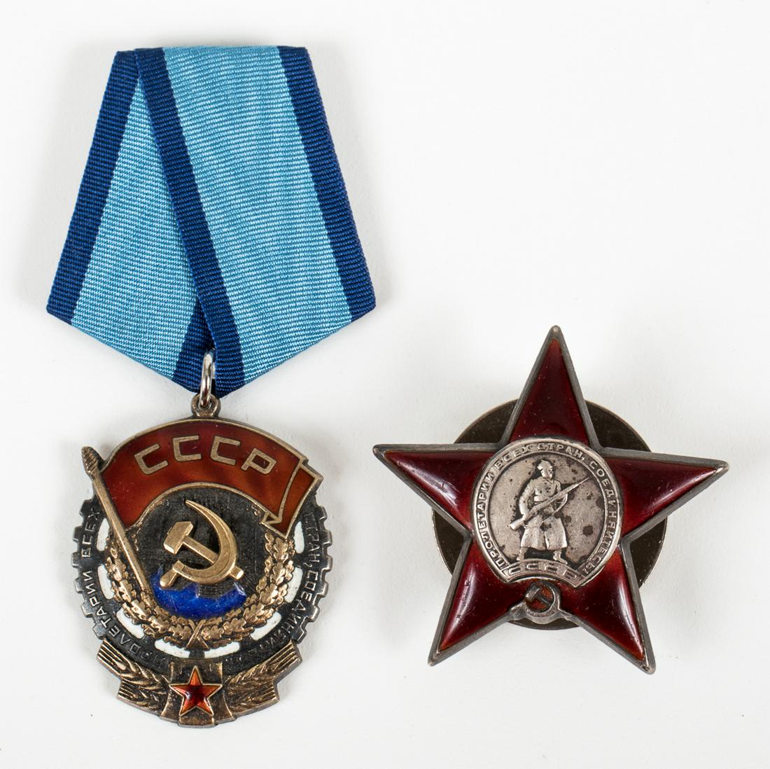 SOVIET ORDERS RED STAR & RED BANNER (2): Lot of two original Soviet medals in silver, the WWII 'Order of the Red Star' numbered 641874, red enameled, point to pint 50mm five-pointed star, screwback; and the 'Order of the Red Banner of Labor'