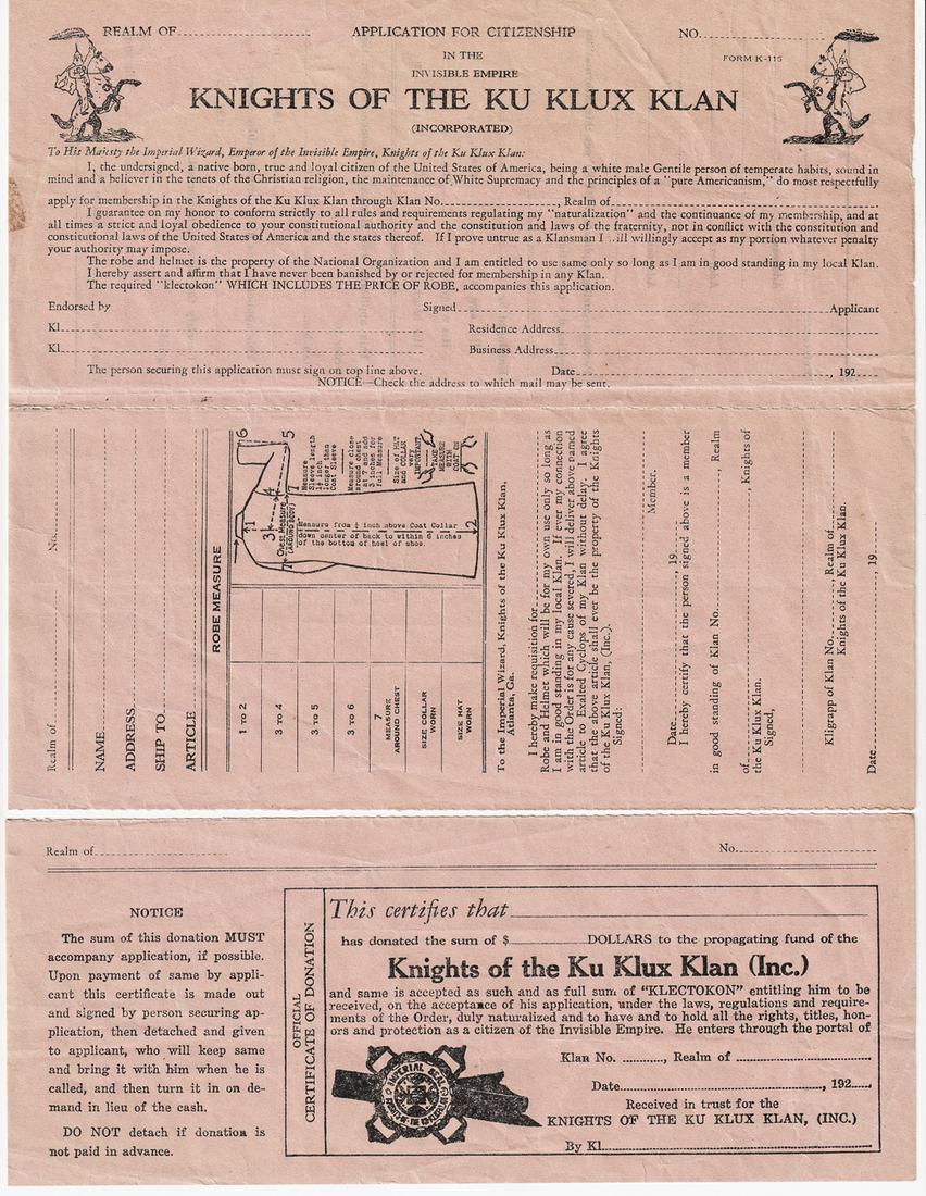 KU KLUX KLAN MEMBER APPLICATION AND ROBE ORDER SHEET: Blank application form for citizenship in the Invisible Empire Knights of the Ku Klux Klan Inc., attached is a robe and helmet order sheet, with instructions for correct measurement, with a disclaimer