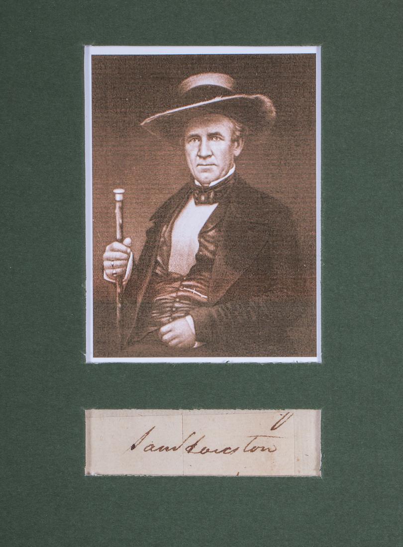 SAM HOUSTON: (1793 - 1863) Twice President of the Republic of Texas, U.S. Senator and Governor of Texas. Clipped signature from a document or letter, 2.5 x 0.75 in. Mounted with an image of Houston.