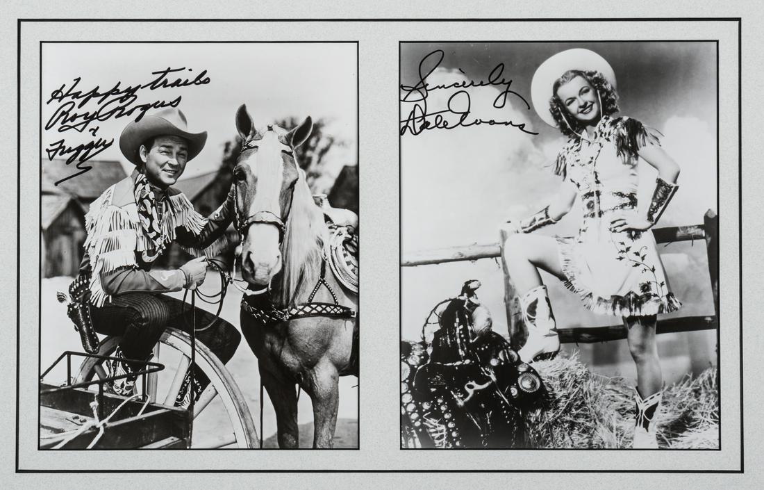 ROY ROGER & DALE EVANS: (1911 - 1998) American singer, actor, and television host. Most popular Western star of his era. Known as the 'King of the Cowboys', he appeared with his wife, Dale Evans, and his Golden Palomino, Tri