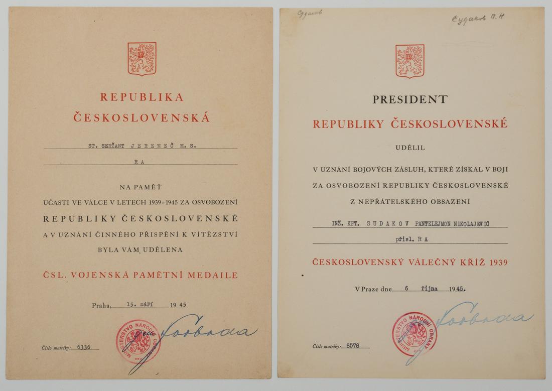 WWII CZECH AWARDS TO RED ARMY SOLDIERS (2): Lot of two WWII Czechoslovakian medal award citations issued to Red Army soldiers. The first document is awarding Sergeant Jeremec the Commemorative Medal of the Czechoslovak Army abroad 1939, number 