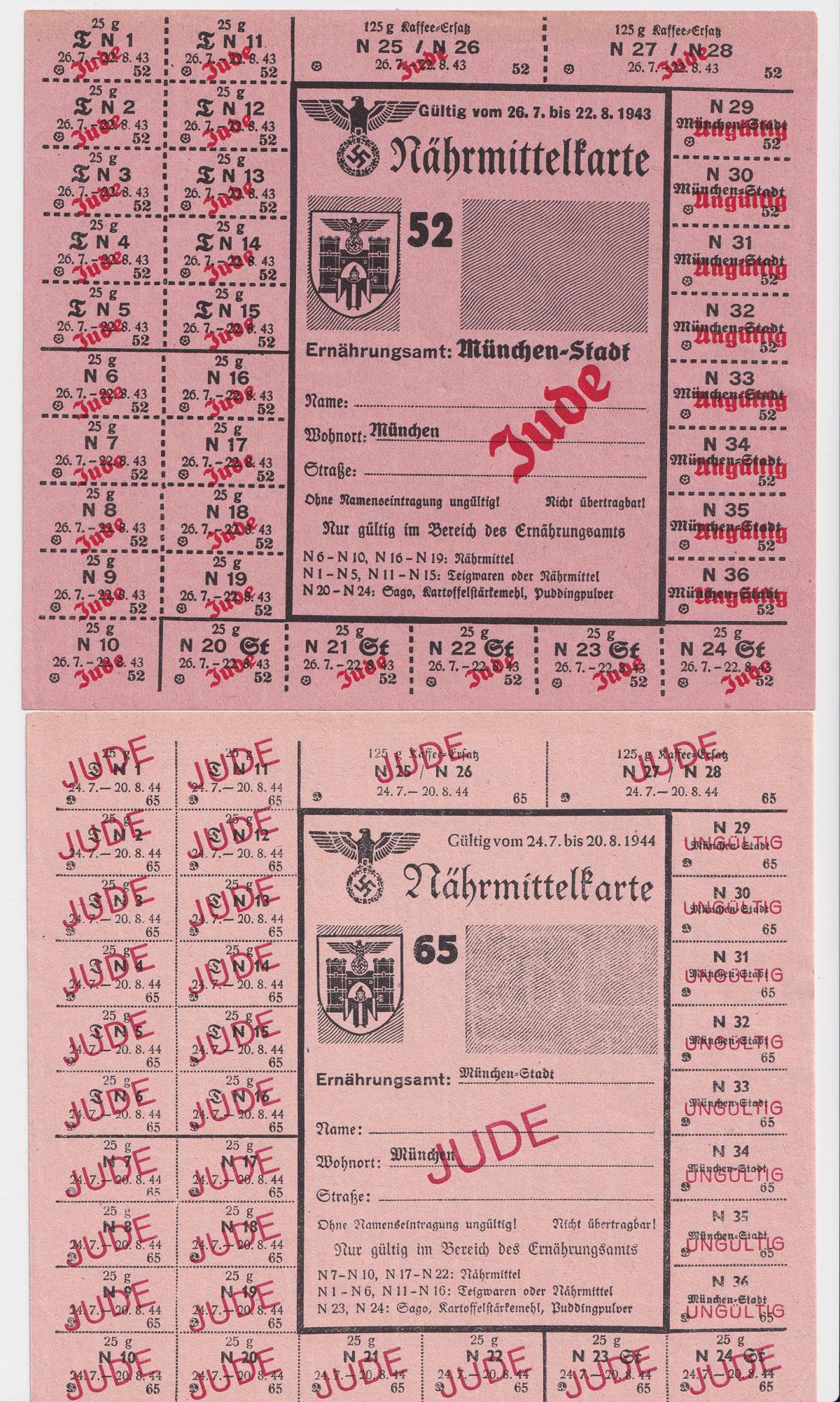 WWII GERMAN RATION CARDS ISSUED TO JEWS: WWII GERMAN RATION CARDS ISSUED TO JEWS Two sheets of German food ration cards overstamped in red ink with the word 'JUDE' to be used only by Jews. Issued in Munich in 1943 and 1944, unused, 6 x 6.5 i