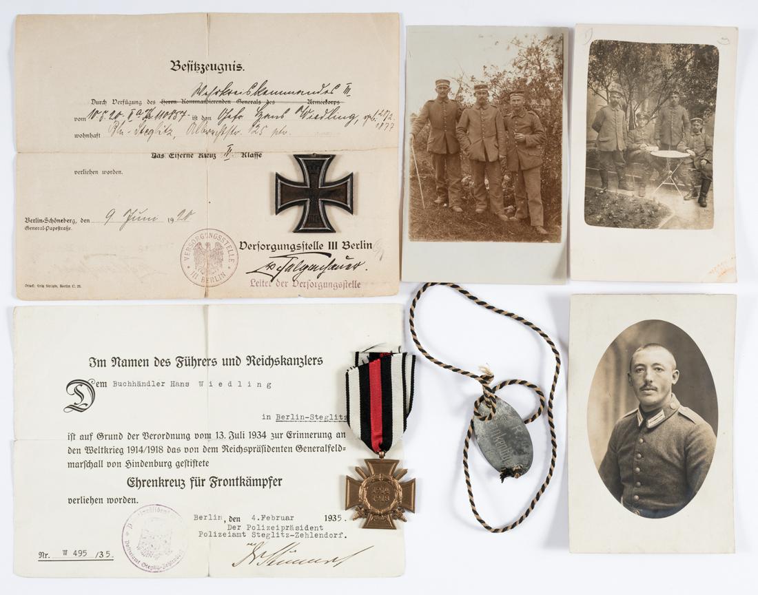 GERMAN WWI MEDAL & AWARD GROUPING (8): GERMAN WWI MEDAL & AWARD GROUPING (8) Lot of of eight pieces, includes two award documents for Hans Wiedling from Berlin, a certificate for the Iron Cross second class, dated 9 June 1920 and an award 