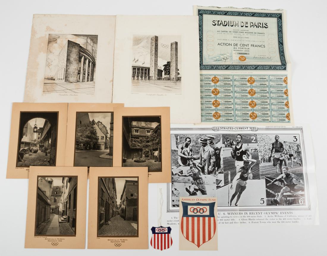 1936 OLYMPIC GAMES BERLIN EPHEMERA GROUPING (11): Group of eleven 1936 Olympic Games Berlin items: (1) USA American Olympic Fund paper decal, gummed back, 6 x 4.375 in.; (1) USA American Olympic luggage tag 'Help Win America', 2.5 x 2.75 in.; (1) 'Il