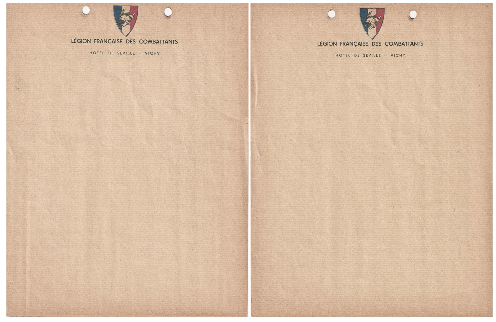 FRENCH LEGION OF FIGHTERS VICHY GOVERNMENT: Two blank pages, 10.5 x 8.25 in., of official letterhead of the French Legion of Fighters 'Legion Francaise Des Combattants Hotel De Seville - Vichy' displaying the insignia at top with file holes at 