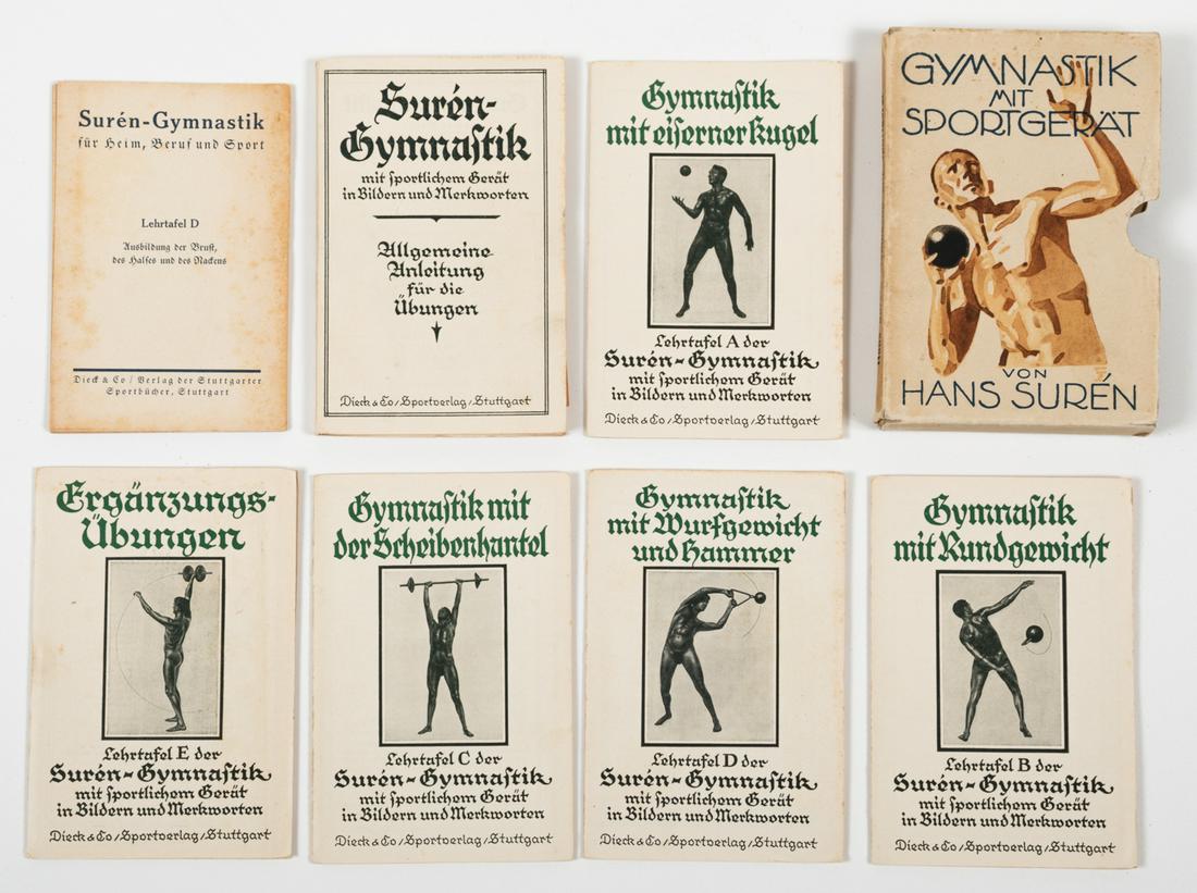 WWII GERMANY GYMNASTICS IN THE NUDE - LUDWIG HOLWEIN: 'Gymnastik mit Sportgerat' (Gymnastics with sport equipment) by HANS SUREN (1885 - 1972), a German officer, author and champion of Naturism. Published 1925, Dieck & Co. Stuttgart. Seven instructional 