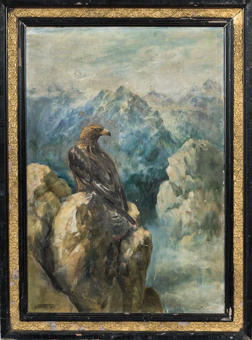 EAGLE PAINTING FROM OBERSALZBERG: EAGLE PAINTING FROM OBERSALZBERG Oil painting of an eagle perched on a rock cliff in the mountains, , signed in the lower left corner 'W STARK 1936.' The painting is 14 x 20 inches, the overall size o