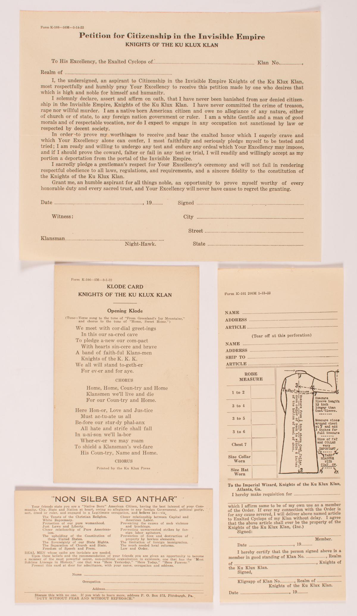 KU KLUX KLAN EPHEMERA COLLECTION (4): KU KLUX KLAN EPHEMERA COLLECTION (4) Collection of four 1920's Ku Klux Klan documents, including a printed klode card with the opening and closing klode, and kloxology, 4 x 6 in.; recruiting card 'NON