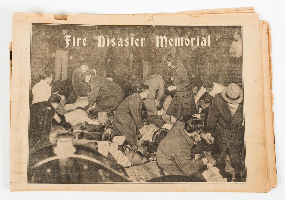 COCOANUT GROVE FIRE NEWSPAPER: Cocoanut Grove Fire Disaster Memorial, Pictorial Review 'Boston Sunday Advertiser', December 6, 1942, 28 pages, 15 x 11 inches, published a week after the tragic fire at Boston's premiere nightclub, l