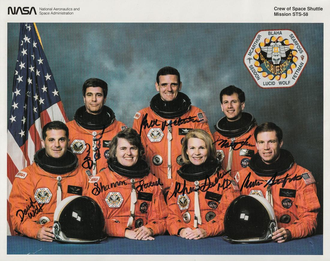 SPACE SHUTTLE MISSION STS-58 LITHO CREW SIGNED: SPACE SHUTTLE MISSION STS-58 LITHO CREW SIGNED Official NASA lithograph of the crew of Space Shuttle STS-58, signed by all seven astronauts, 8 x 10 inches. STS-58 was a mission flown by Space Shuttle 