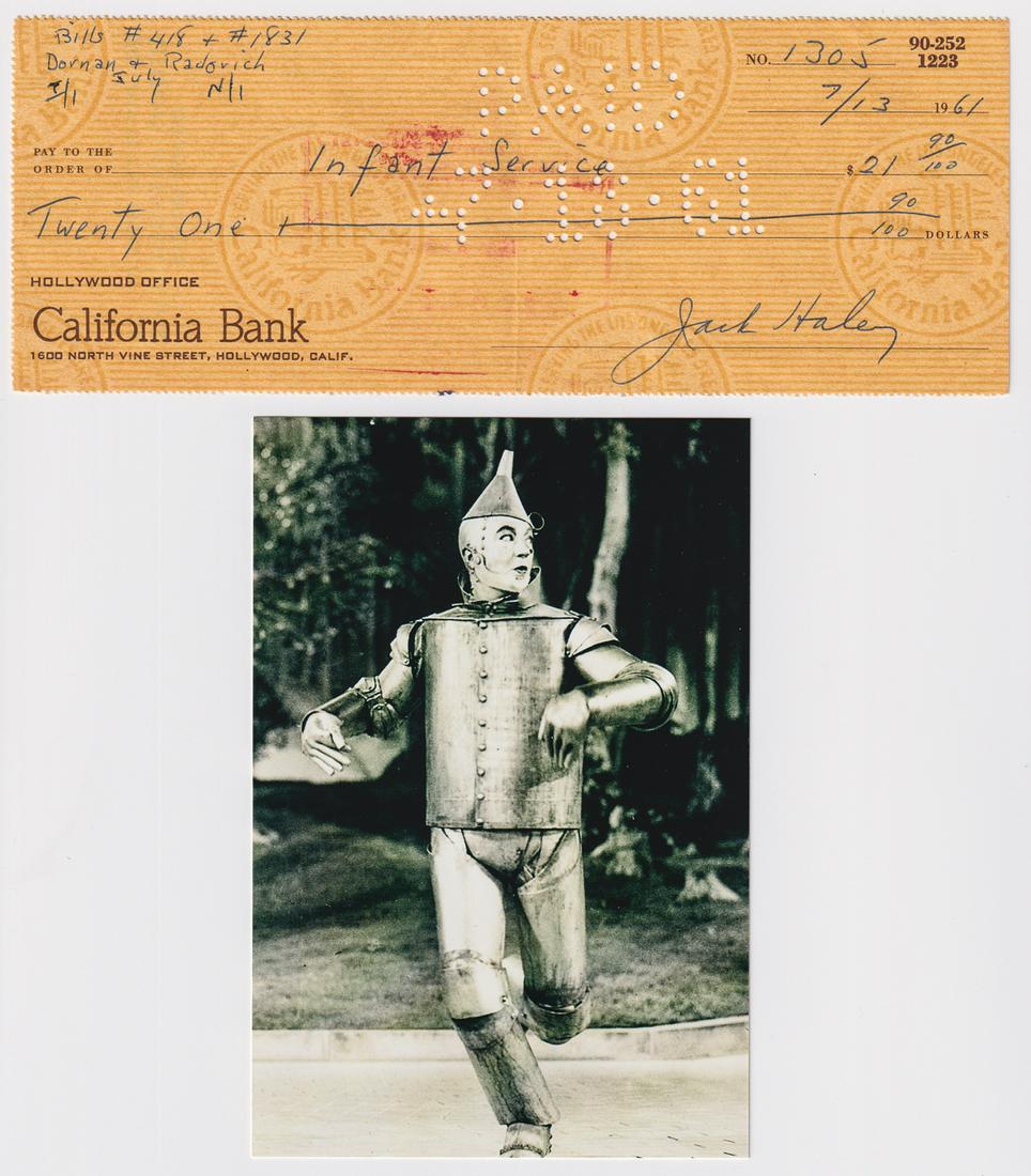 JACK HALEY TIN MAN SIGNED CHECK: JACK HALEY TIN MAN SIGNED CHECK (1897 - 1979) American vaudevillian, actor, comedian, radio host, singer, and dancer, best known for his portrayal of the Tin Man and his farmhand counterpart 'Hickory'