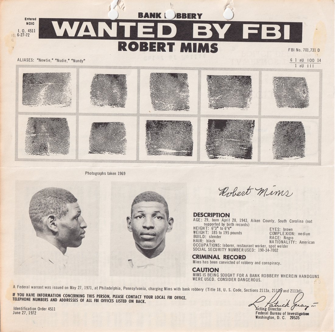 ROBERT 'NUDIE' MIMS FBI WANTED FINGERPRINT CARDS (3): ROBERT 'NUDIE' MIMS BLACK MAFIA FBI WANTED FINGERPRINT CARDS (3) Lot of three Wanted by FBI fingerprint cards for Robert 'Nudie' Mims, Leland S. Browner, and Morris Butler, Jr. 1) ROBERT 'NUDIE' MIMS,