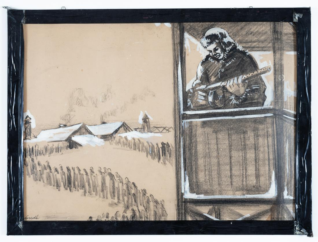 SOVIET CONCENTRATION CAMP DRAWING: Original artwork, charcoal and white gouache drawing on heavy cardboard, a guard tower with a Soviet guard in heavy winter uniform holding a submachine gun overlooking a concentration camp of sorts. B