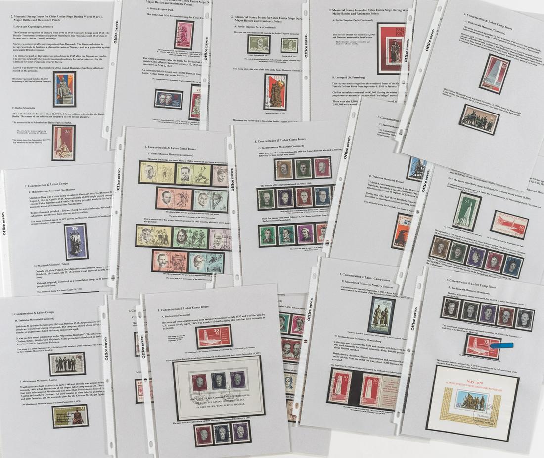 GERMAN HOLOCAUST WWII MEMORIAL STAMPS (100+): Very large lot of over 100+ memorial postal stamps issued between 1956 and 1989 in East Germany under the International Memorial and Remembrance Fund. All stamps are organized according to an exhibit 