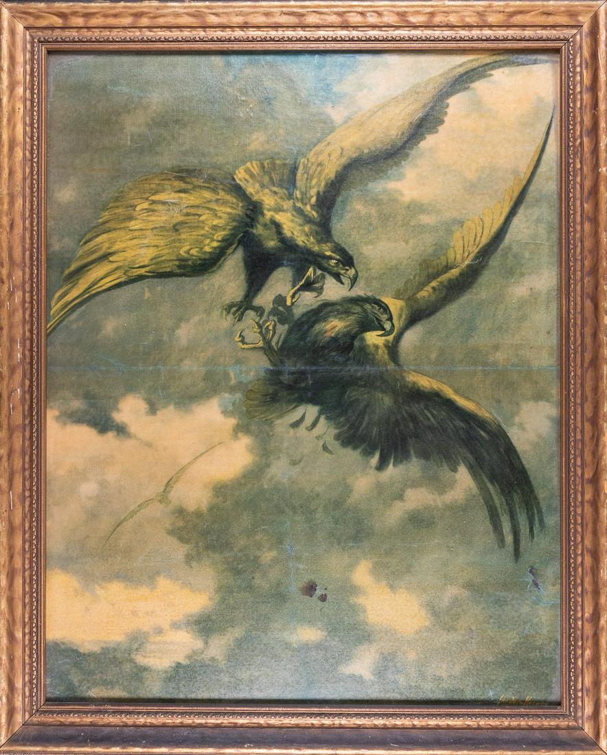 FIGHTING EAGLES IN FLIGHT BY OTTO SANDER-HERWEG: Chromolithograph of an oil painting of a pair of fighting eagles in flight, signed in print in lower right corner '[Otto] Sander-Herweg 1934'. 15 x 19 inches sight, mounted and framed under glass, in 