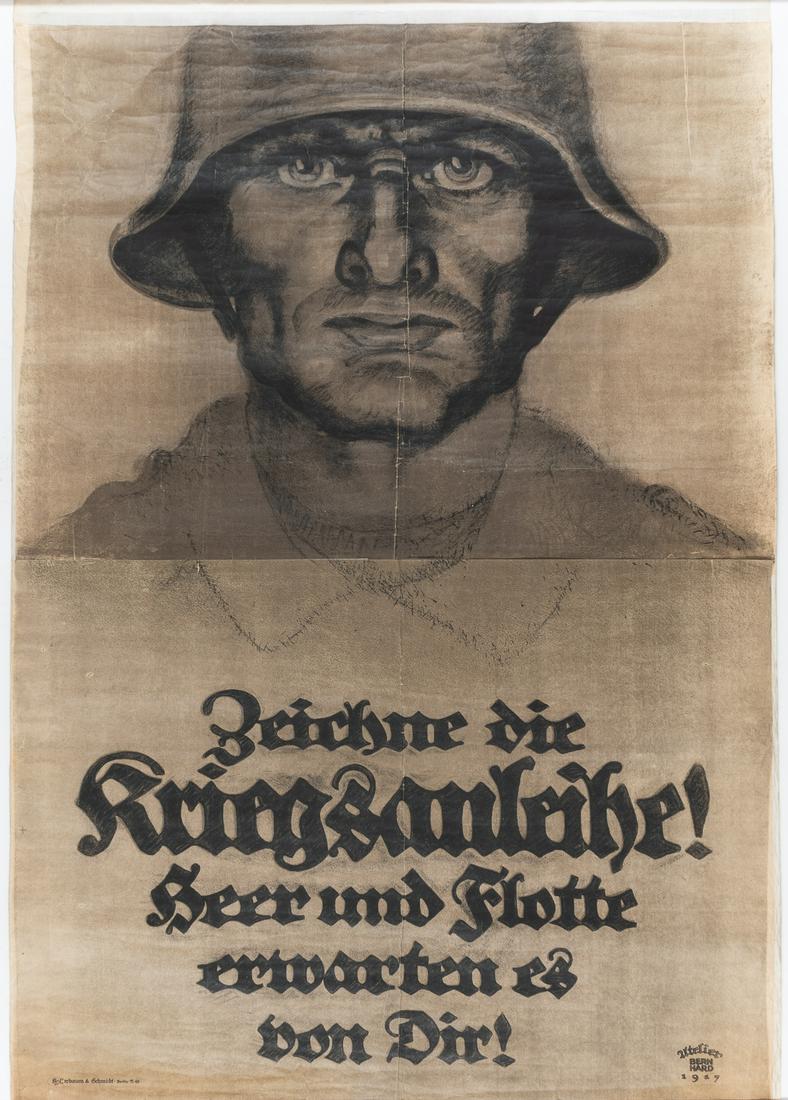 WWI GERMAN KRIEGSANLEIHE POSTER BY LUCIAN BERNHARD: German WWI propaganda poster urging the sale of war bonds from 1917 'Zeichne die Kriegsanleihe! Heer und Flotte erwarten es von Dir' (Sign the war bond! Army and Navy expect it from you) Artist: Ateli