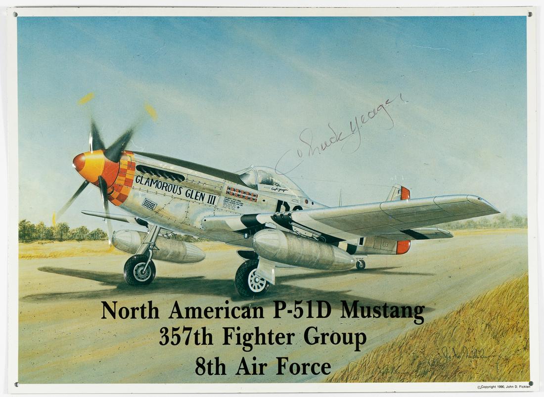 CHUCK YEAGER: CHUCK YEAGER (1923 - 2020) Flying ace who became the first pilot in history confirmed to have exceeded the speed of sound in level flight. Color metal sign, autographed in black ink, showing Chuck Yea