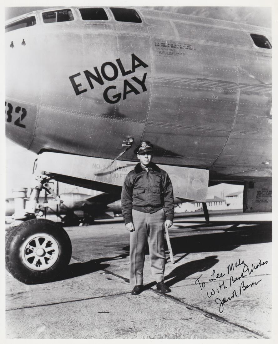 JACOB BESER ENOLA GAY AUTOGRAPH: JACOB BESER ENOLA GAY AUTOGRAPH (1921 - 1992) Beser was the radar specialist aboard the Enola Gay on August 6, 1945, when it dropped the Little Boy atomic bomb on Hiroshima. Signed black-and-white pho