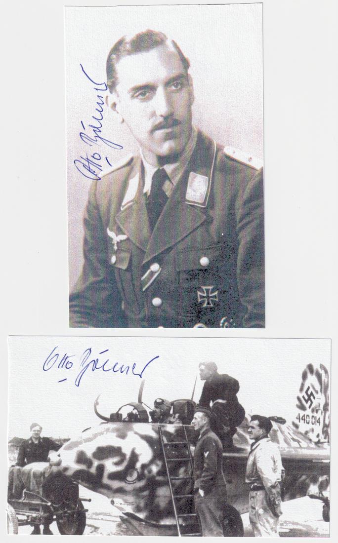 LUFTWAFFE ACE OTTO BOEHNER AUTOGRAPHS (2): LUFTWAFFE ACE OTTO BOEHNER AUTOGRAPHS (2) (1913 - 2020) German Ace, Luftwaffe Me-163 test pilot. Boehner was a captain and fighter pilot who shot down five allied aircraft on the Western Front. He als
