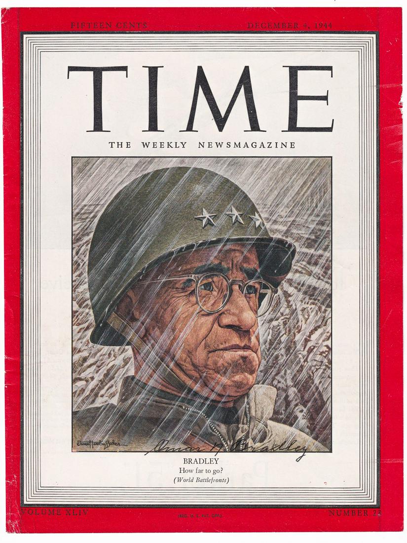 OMAR BRADLEY: OMAR BRADLEY (1893 - 1981) General of the Army and first Chairman of the Joint Chiefs of Staff. Signed cover page of Time Magazine from December 4, 1944, Volume XLIV, Number 23, showing a painted port