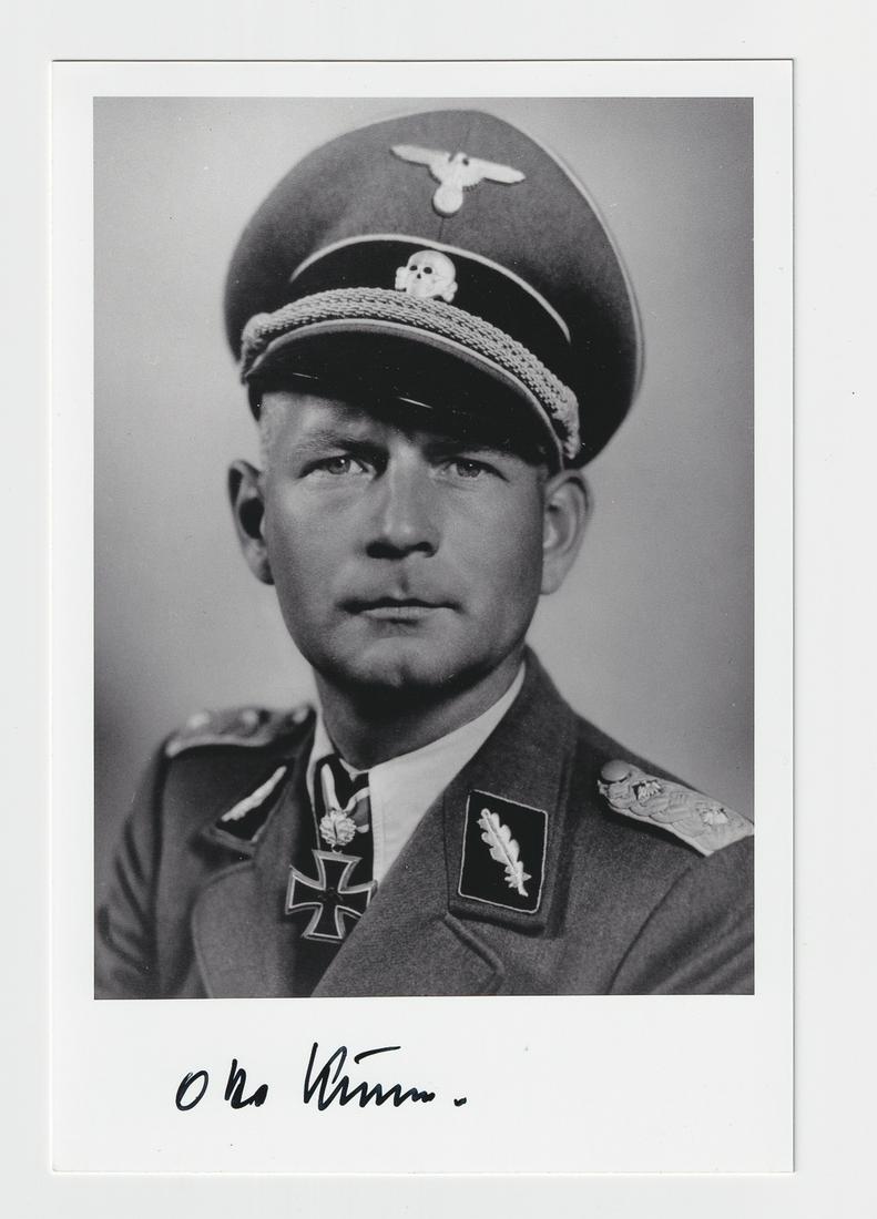 OTTO KUMM: OTTO KUMM (1909 - 2004) SS-Brigadefuhrer and Generalmajor der Waffen-SS. Recipient of the Knight's Cross of the Iron Cross with Oak Leaves and Swords. Signed photograph of Kumm in uniform, signed in t