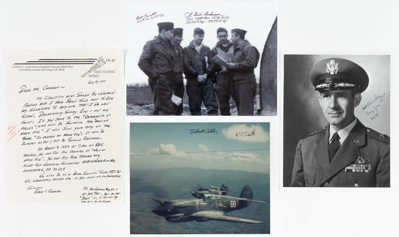 WWII US FIGHTER ACES: WWII US FIGHTER ACES 1) Chuck Older (1917-2006) and R.T. Smith (1918-1995) WWII fighter aces signed color photograph, 10 x 8 inches. 2) C.E. 'Bud' Anderson (1922-2005) Anderson flew two tours of comba