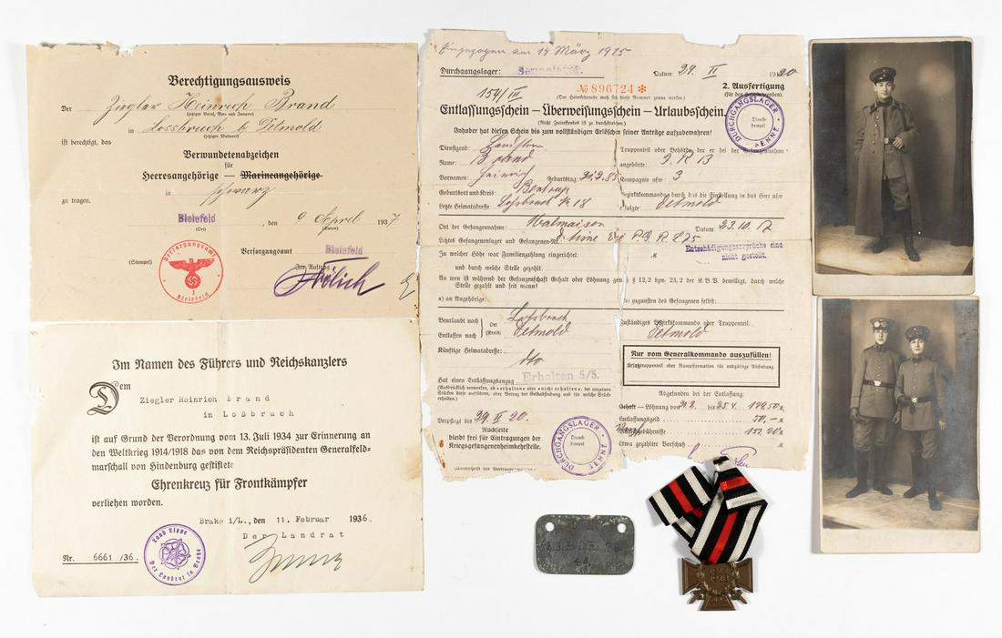 GERMAN WWI SOLDIER'S GROUPING (7): GERMAN WWI SOLDIER'S GROUPING (7)An interesting grouping of seven pieces belonging to German WWI soldier Heinrich Brand from Lossbruch near Detmold. Brand was taken prisoner by the French on 23. Octob