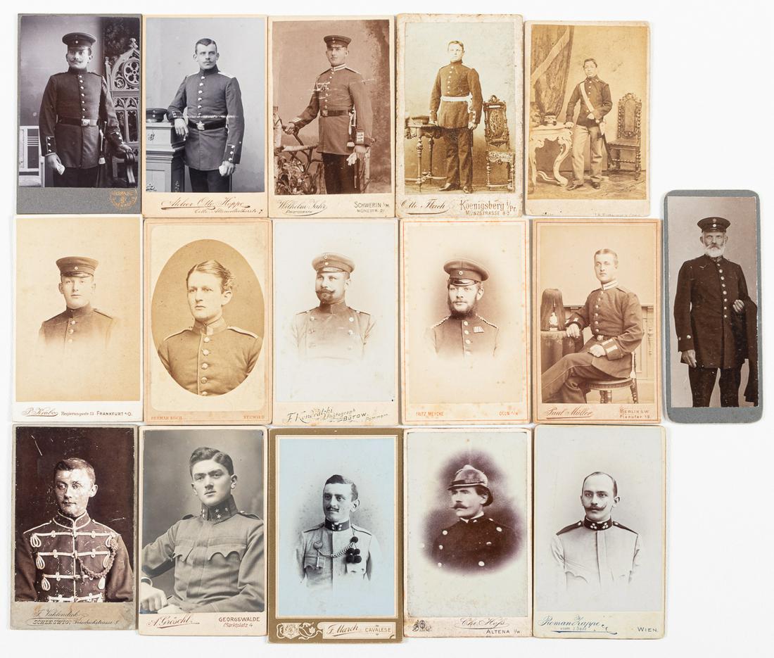 EUROPEAN MILITARY CDV'S (16): EUROPEAN MILITARY CDV'S (16) Group of 16 CDV's, pre-WWI subjects in military uniforms, most are from German studios, about 2.5 x 4 inches in various conditions, see illustrations.