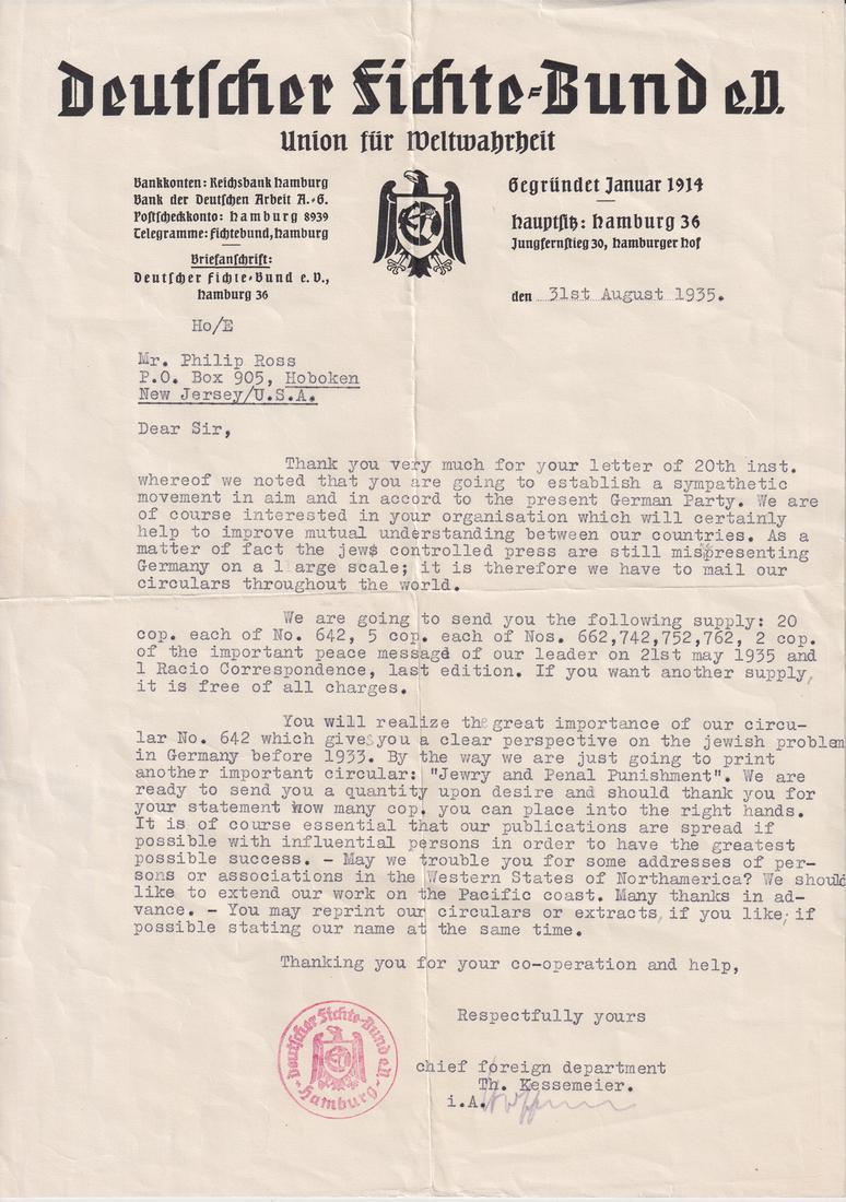 DEUTSCHER FICHTE BUND SPREADING ANTISEMITIC PROPAGANDA: DEUTSCHER FICHTE BUND SPREADING ANTISEMITIC PROPAGANDA Rare letter from the German Fichte Bund sent to a Philip Ross, a Nazi sympathizer in Hoboken, New Jersey, in August 1935. Theodor Kessmeier, son 