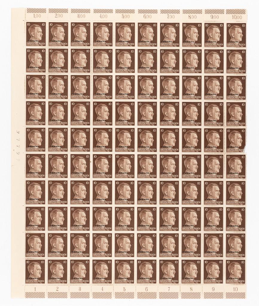 WWII ADOLF HITLER STAMPS (100): WWII ADOLF HITLER STAMPS (100) One full sheet of Adolf Hitler stamps of 10 Pfennig overprinted with 'UKRAINE', 100 stamps.