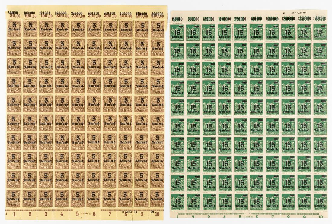 500 GERMAN HYPERINFLATION STAMPS: 500 GERMAN HYPERINFLATION STAMPS Lot of five full sheets of German hyperinflation stamps and Dienstmarken, 500 stamps total.