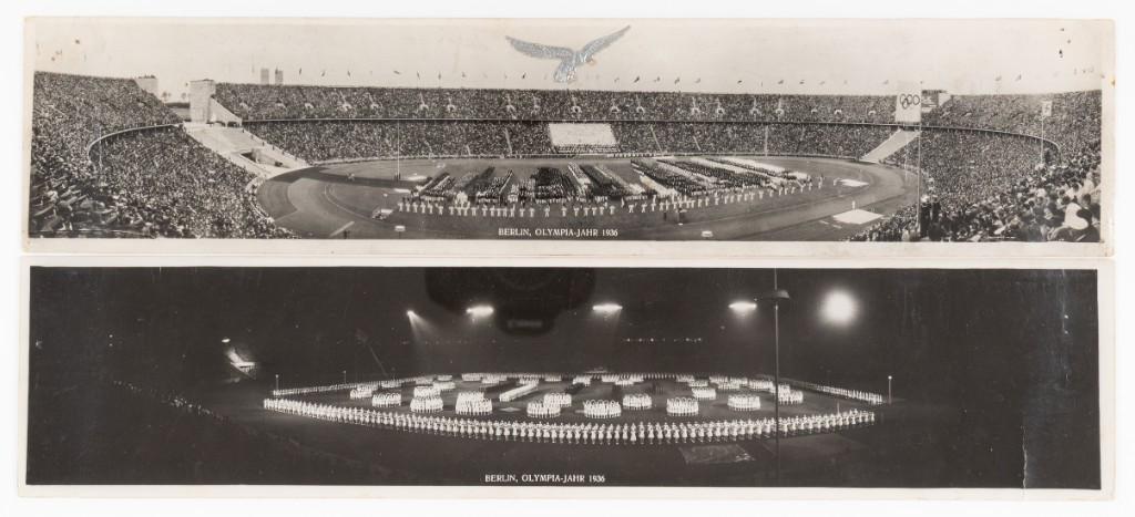 1936 BERLIN XI. OLYMPICS PANORAMIC PHOTOGRAPHS (2): 1936 BERLIN XI. OLYMPICS PANORAMIC PHOTOGRAPHS (2) Two original black-and-white panoramic photographs, 3.25 x 16.5 inches, from 1936 XI. Olympics in Berlin picturing the opening ceremonies on August 1
