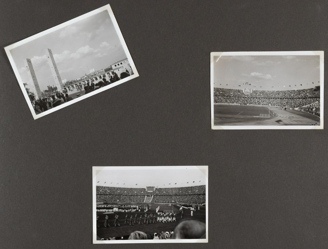 1936 OLYMPIC GAMES PHOTOGRAPH ALBUM: 1936 OLYMPIC GAMES PHOTOGRAPH ALBUM Personal 1939 Olympic Games photograph album, includes three original candid photographs taken at the opening ceremony of the Olympic games, 2.5 x 3.5 inches. Those