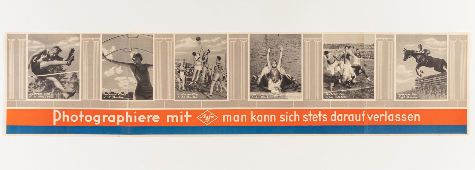1936 ORIGINAL AGFA OLYMPIC GAMES ADVERTISING POSTER: 1936 ORIGINAL AGFA OLYMPIC GAMES ADVERTISING POSTER Rare original Agfa advertising poster promoting Agfa's Isochrome film for sports photography during the 1936 Berlin XI. Olympics with pictured examp