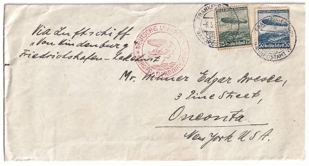 1936 GERMAN ZEPPELIN FLOWN MAIL: 1936 GERMAN ZEPPELIN FLOWN MAIL 1936 Zeppelin mail, an envelope sent from Germany to Oneonta, New York aboard the Hindenburg Zeppelin. The envelope is stamped with 50 Pfennig stamp and a 75 Pfennig st