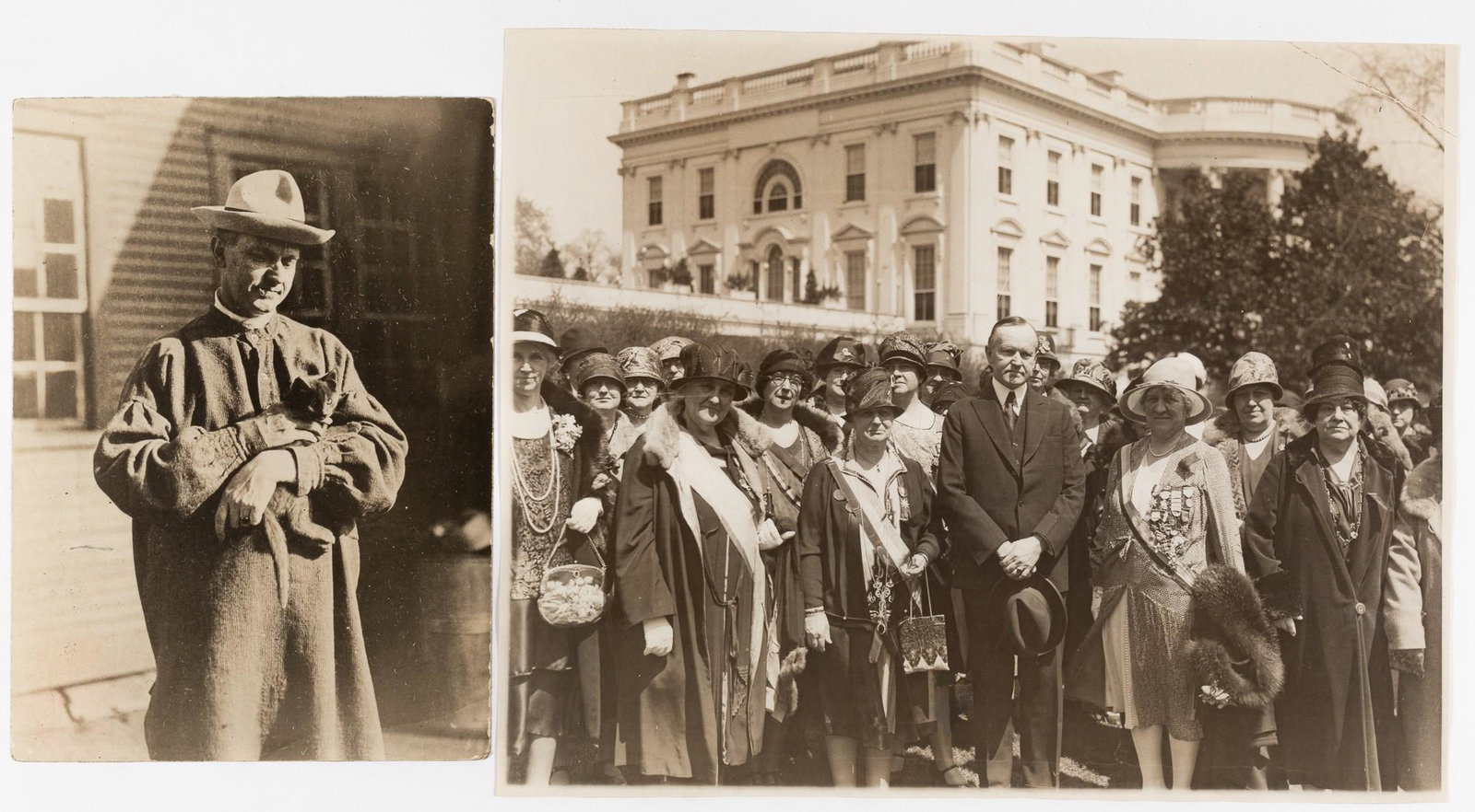 CALVIN COOLIDGE PHOTOGRAPHS (2): CALVIN COOLIDGE PHOTOGRAPHS (2) Two unsigned press photographs of President Calvin Coolidge (1872 - 1933). One of Coolidge holding his cat Tim from 1920 4.75 x 6.75 inches, and a photograph at the Whi