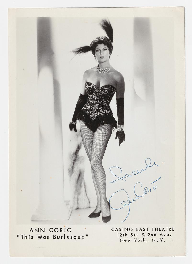 ANN CORIO BURLESQUE STRIPPER: ANN CORIO BURLESQUE STRIPPER (1909 - 1999) American burlesque stripper and actress. Volunteer Pin-up girl for Yank magazine during WWII. Black and white publicity photograph for 'This Was Burlesque' a