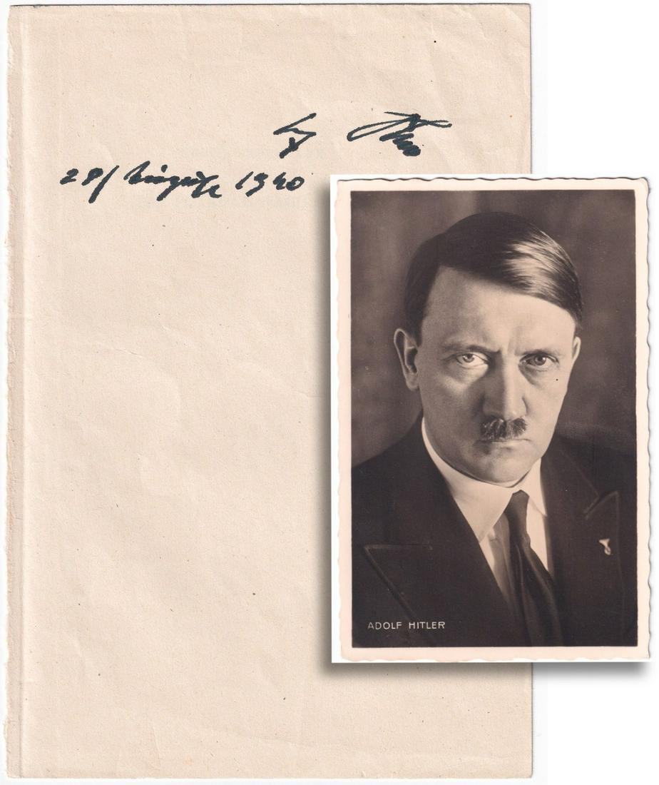 ADOLF HITLER: Adolf Hitler signed front flyleaf of Graf Reventlow's book 'Von Potsdam Nach Doorn' (1940), signed in black fountain pen and dated 28/ August 1940. The page has been removed from the book, but is stil