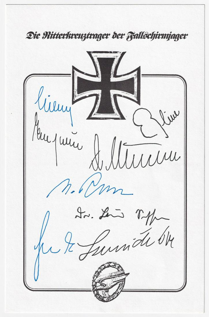 PARATROOP KNIGHTS CROSS RECIPIENTS (8): Lot of eight autographs of Knight's Cross of the Iron Cross recipients of the Paratroop on a bookplate, including Walter Paul Liebing, Friedrick Wilhelm Wangerin, Willi Koch, Arnold von Roon, Wolfram 