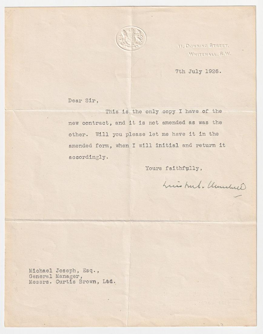 WINSTON CHURCHILL: (1874-1965) Prime Minister of the United Kingdom from 1940 to 1945, during the Second World War, and again from 1951 to 1955. Best known for his wartime leadership as Prime Minister. Typed letter sign