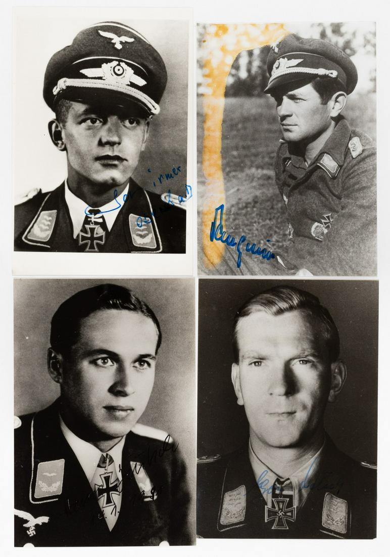 WWII KNIGHTS CROSS RECIPIENTS PARATROOPERS (4): Lot of four (4) signed photographs of Knight's Cross of the Iron Cross recipients with the Fallschirmjager. Includes EGON DELICA, HEINZ DEUTSCH (with resume and envelope), GERHART SCHIRMER, FRIEDRICH 