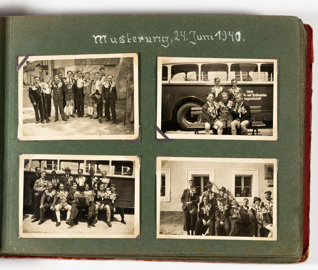 WWII WEHRMACHT SERVICE PHOTO ALBUM: Aus Meiner Dienstzeit - Photo album begins with the draft 24. June 1940, Linz, Austria and jumps to 6. February 1941, Strebersdorf, near Vienna, Lehr-Regiment Brandenburg z.B.V 800, photos show Wiener