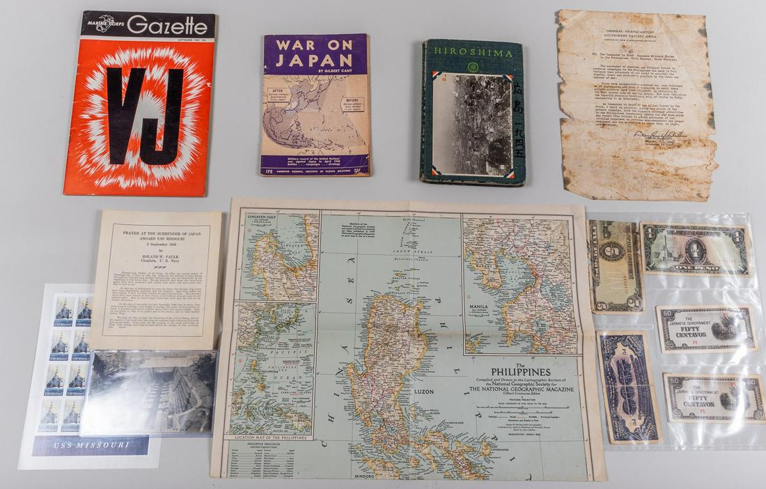 WWII JAPANESE EPHEMERA (8): Lot of eight pieces of WWII Pacific war related ephemera, includes a printed copy of the letter from DOUGLAS MACARTHUR, General Headquarters Southwest Pacific Area to the Commander in Chief, Japanese 