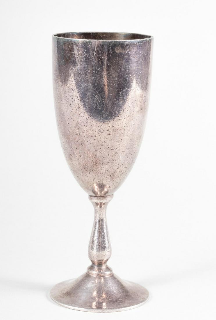 WWII GOBLET FROM THE OBERSALZBERG: Third Reich German silver goblet recovered from Obersalzberg near Adolf Hitler's Berghof above Berchtesgaden in Germany. The goblet has a small dent at the lip and a slight bent. The cup is 6.75 inche