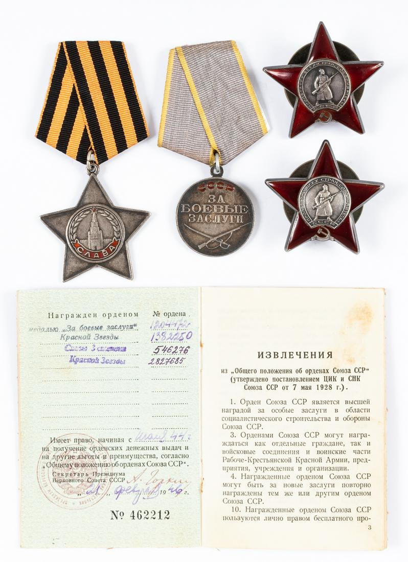 NAMED SOVIET MEDALS & CERTIFICATE GROUPING (4): Complete grouping of four (4) original Soviet WWII medals with an accompanying award certificate book. It includes two 'Orders of the Red Star', awarded for personal courage in battle and leadership i